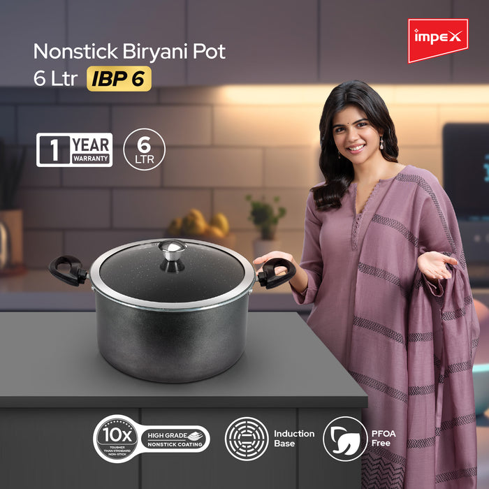 Impex Biryani Pot 6 Ltr With RIB (IBP6) – Non-Stick, Induction Friendly, Aluminium with Granite Coating, 1-Year Warranty