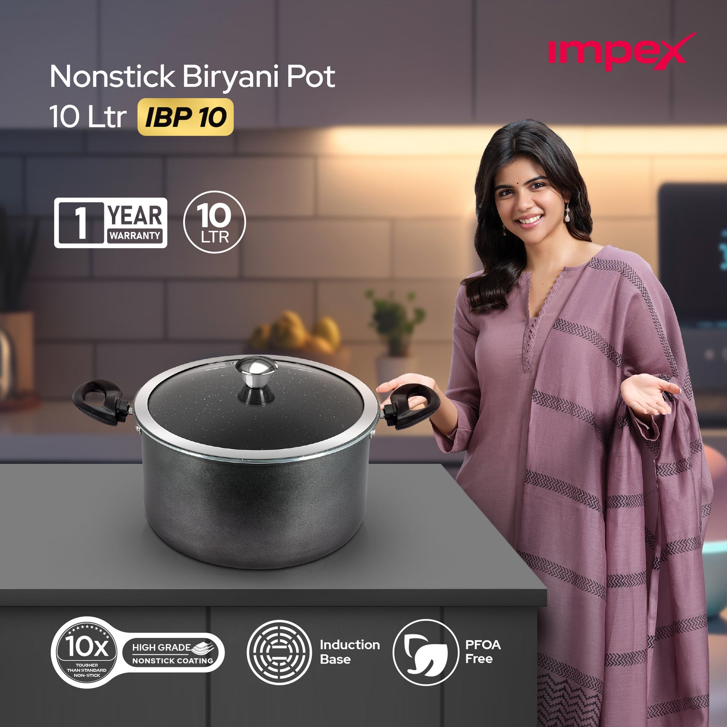 Biryani Pot 10 Ltr With Glass Lid IBP10 | Non-Stick| Induction Friendly | 1 Year Warranty