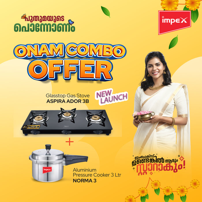 Impex Onam Combo Glasstop Gasstove 3B (Aspira Ador 3B) Pressure Cooker 3 Ltr (NORMA 3)