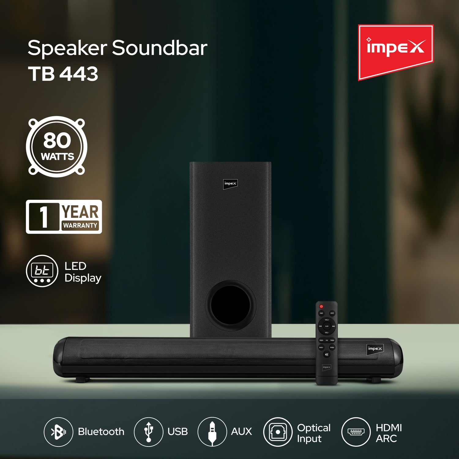 Impex TB 443 80W Soundbar with Subwoofer, Bluetooth 5.3, Multiple Inputs, Wall Mountable - Black | 1 Year Warranty