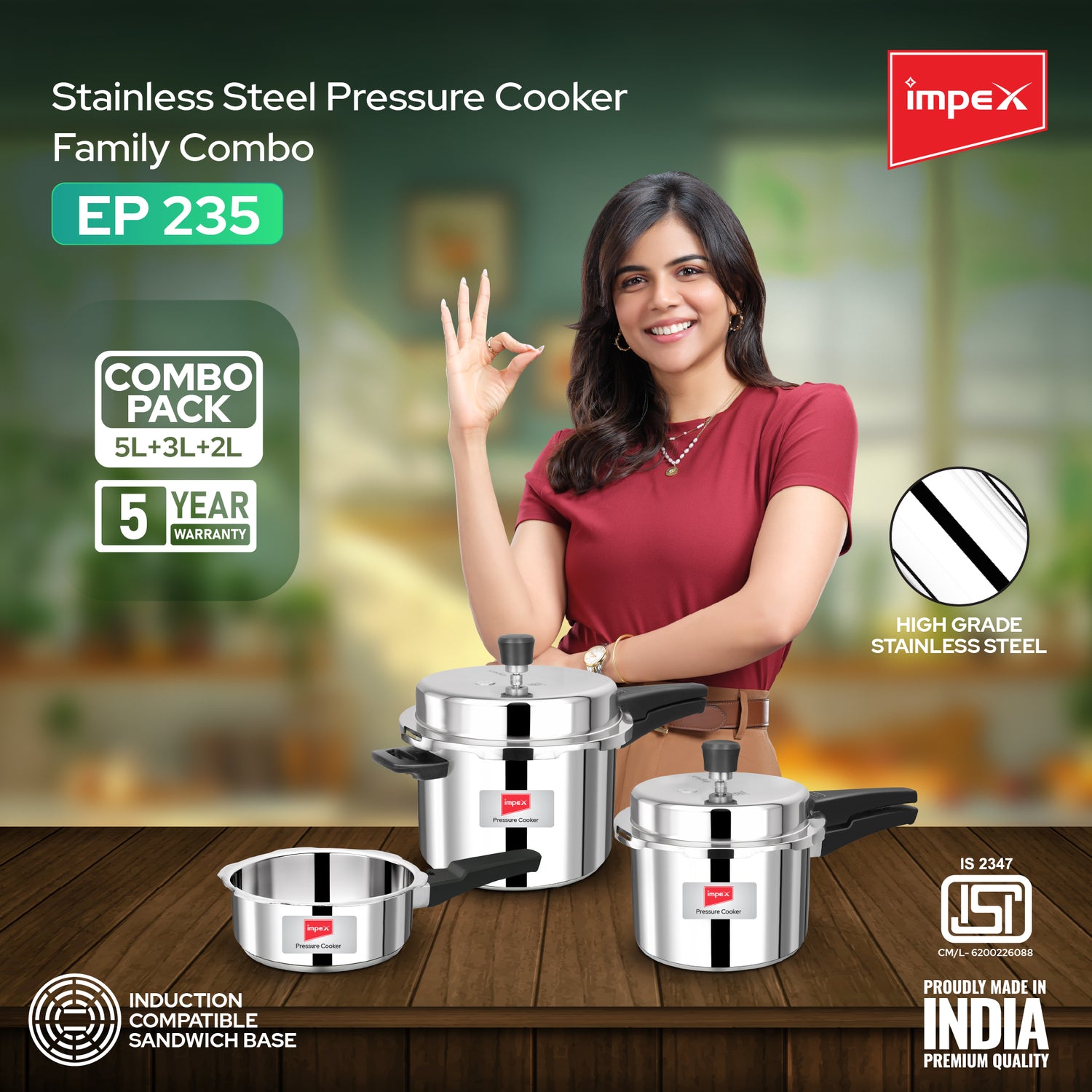 Impex EP 235 Stainless Steel Induction Base Outer Lid Pressure Cooker Family Combo (Pack of 3)