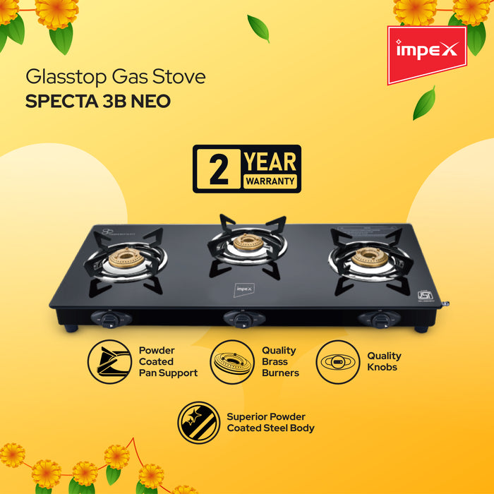 Impex Combo Glasstop Gas Stove (SPECTA 3B NEO) , ENVY 4 Piece Nonstick Cookware set (NV 444)R