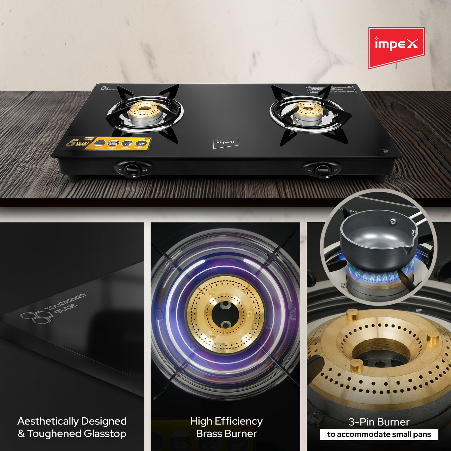 Impex Aspira Ador 2B Glasstop Gas Stove | 2 Brass Burners, Toughened Glass, Powder Coated Body, 2+5 Year Warranty | Black