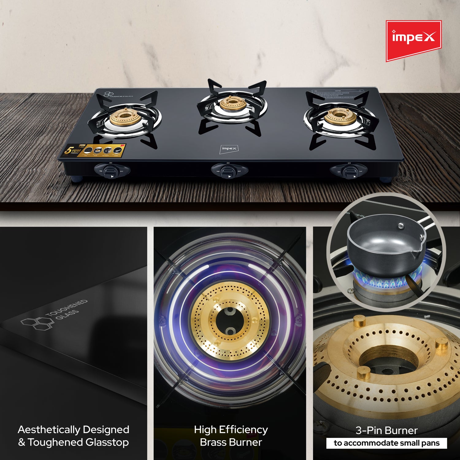 Impex Aspira Ador 3B Glasstop Gas Stove | 3 Brass Burners, Toughened Glass, Powder Coated Body, 2+5 Year Warranty | Black
