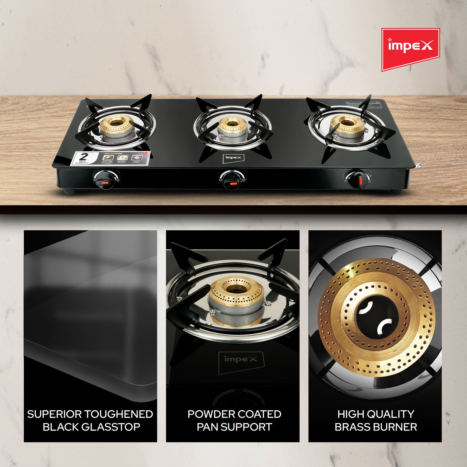 Impex Welfire 3B Three-Burner Glass Top Gas Stove with Toughened Glass, Brass Burners, and ISI Certification