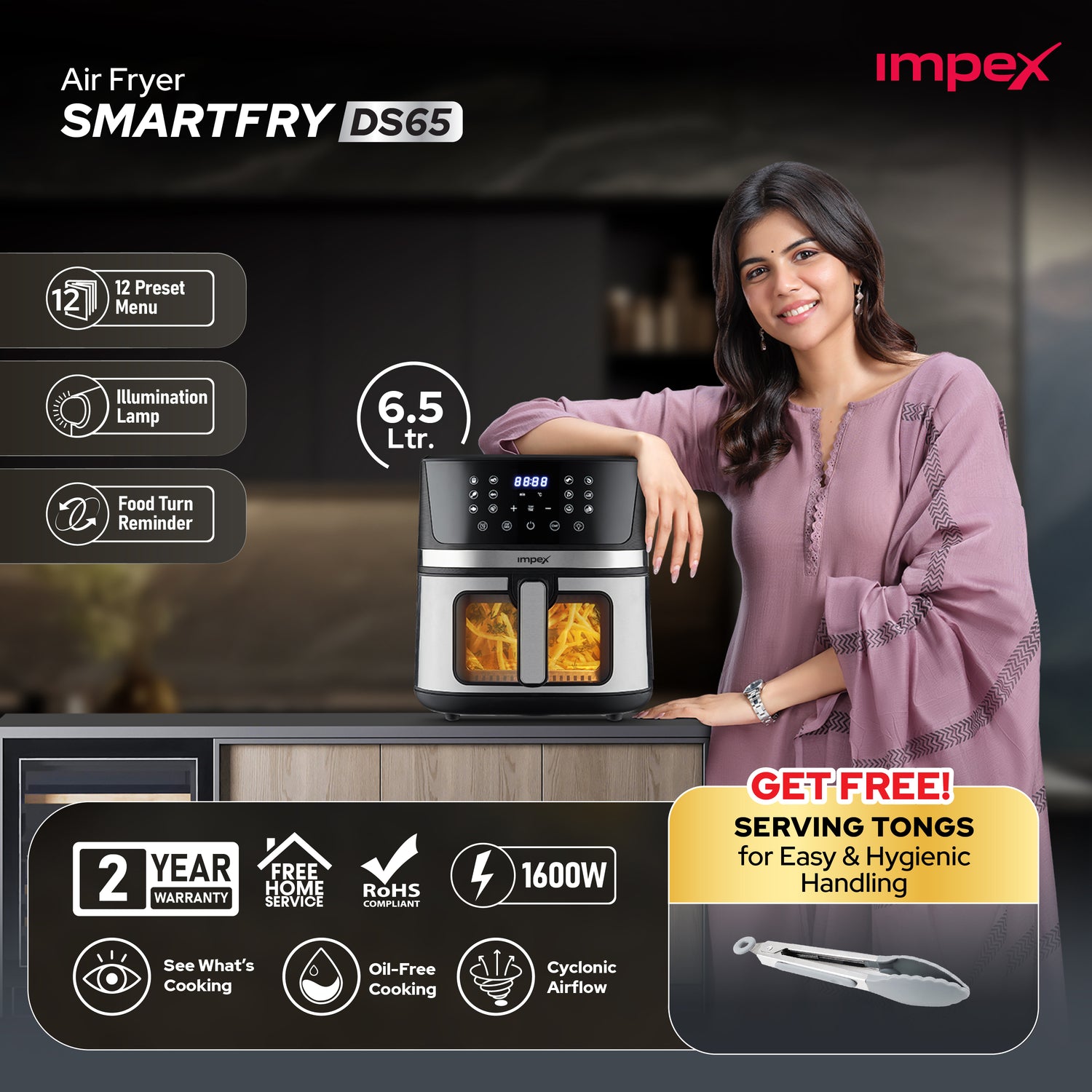 Smart Fry DS65 Air Fryer - Black and Steel Finish | 6.5 Litres