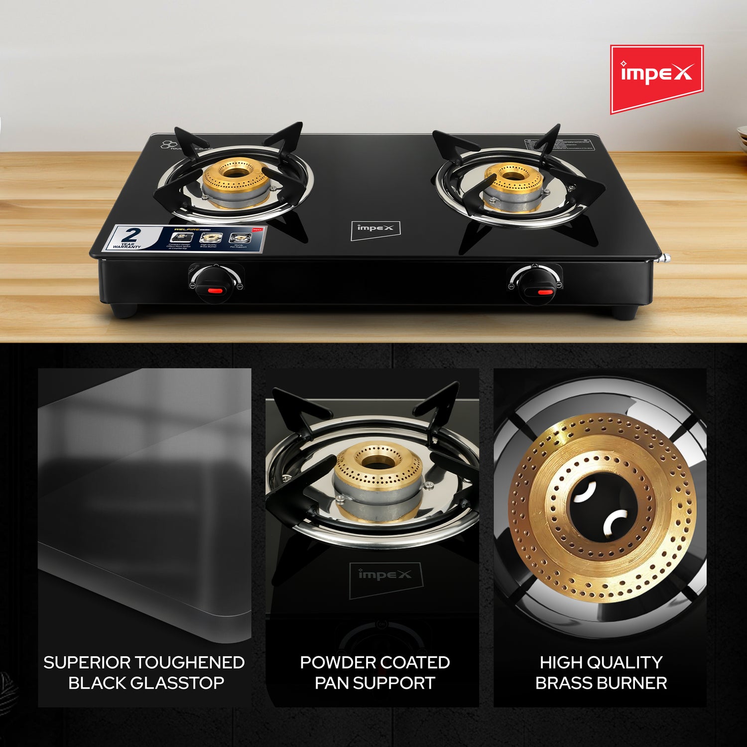 Impex Welfire 2B Two-Burner Glass Top Gas Stove with Toughened Glass, Brass Burners, and ISI Certification