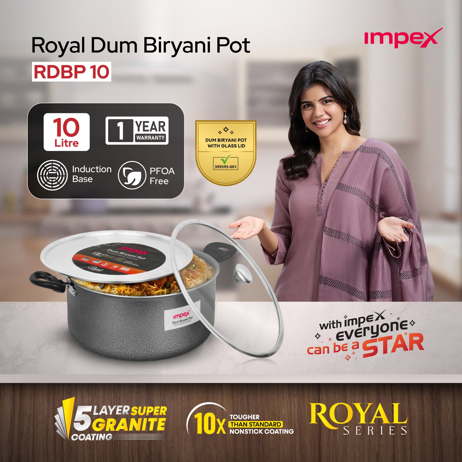 Dum Biryani Pot 10L RDBP10 Grey | PFOA-Free | Tempered Glass and Dum Lid | Induction Compatible | 1 Year Warranty |