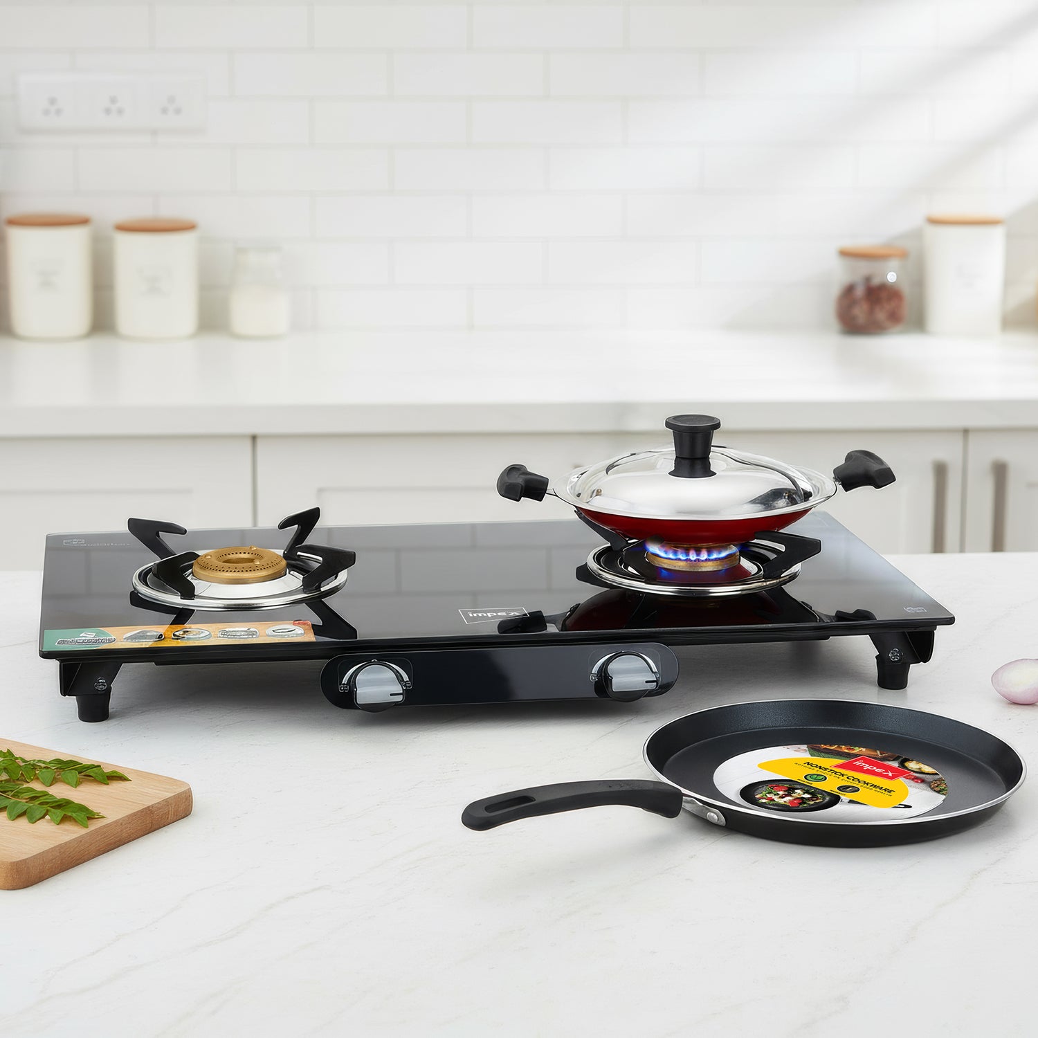 2 Burner Premium Frameless gas stove+ 26 Tawa + 20 Appachatty