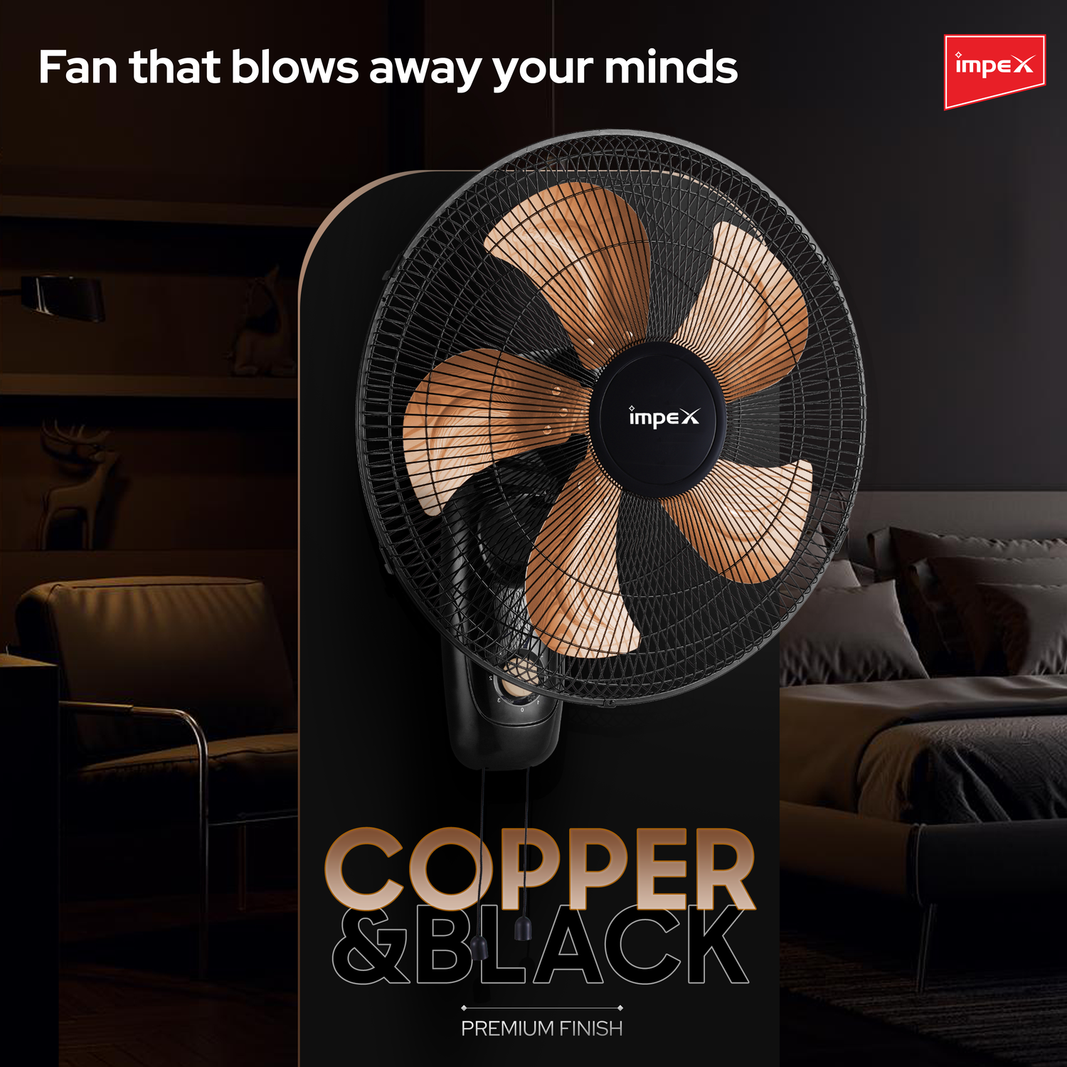 IMPEX Metadio 18 WF Black Gold Metal Wall Fan | High Speed Wall Mounted Fan | Powerful Air Delivery
