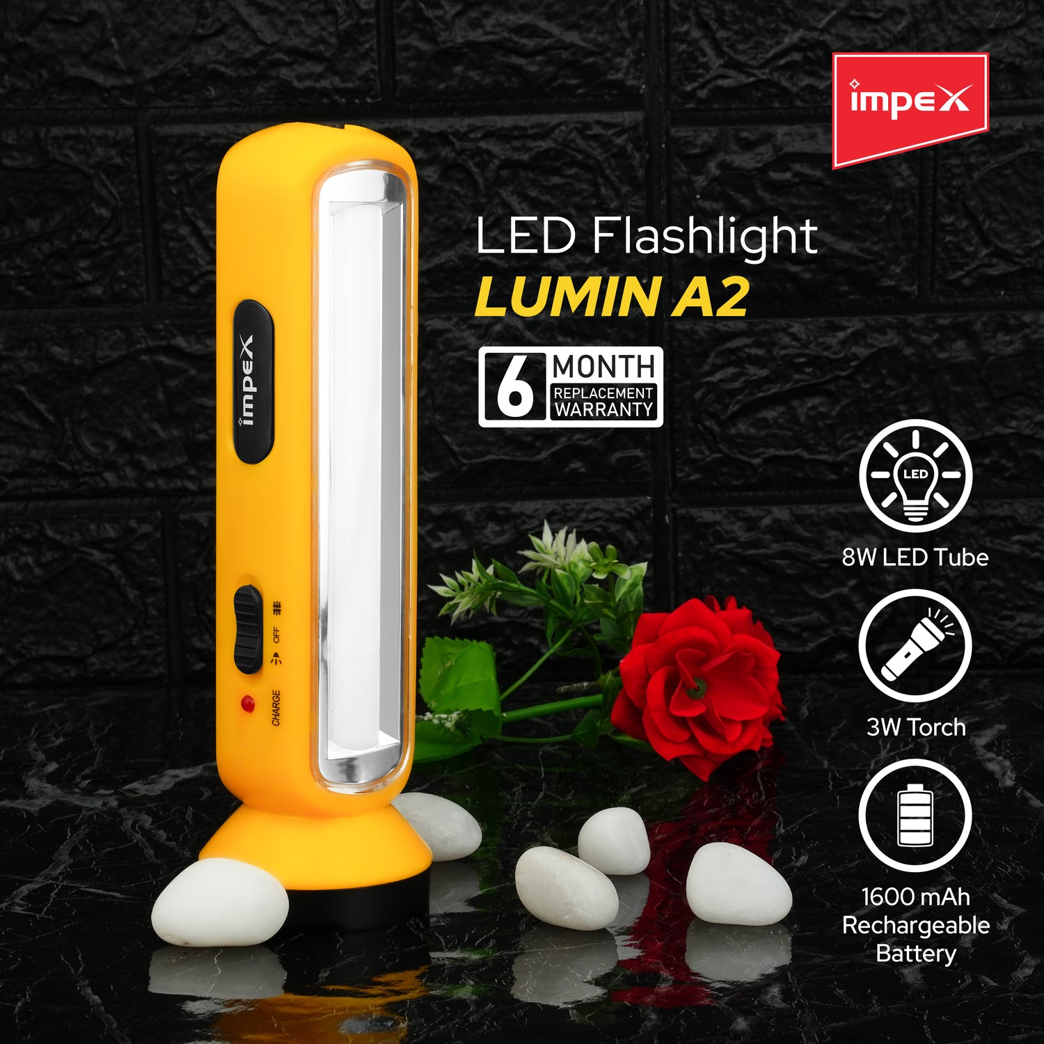 Impex LUMIN A2 Rechargeable LED Flashlight with Dual Torch & Lamp Modes and Built-in Charging Plug (Yellow)