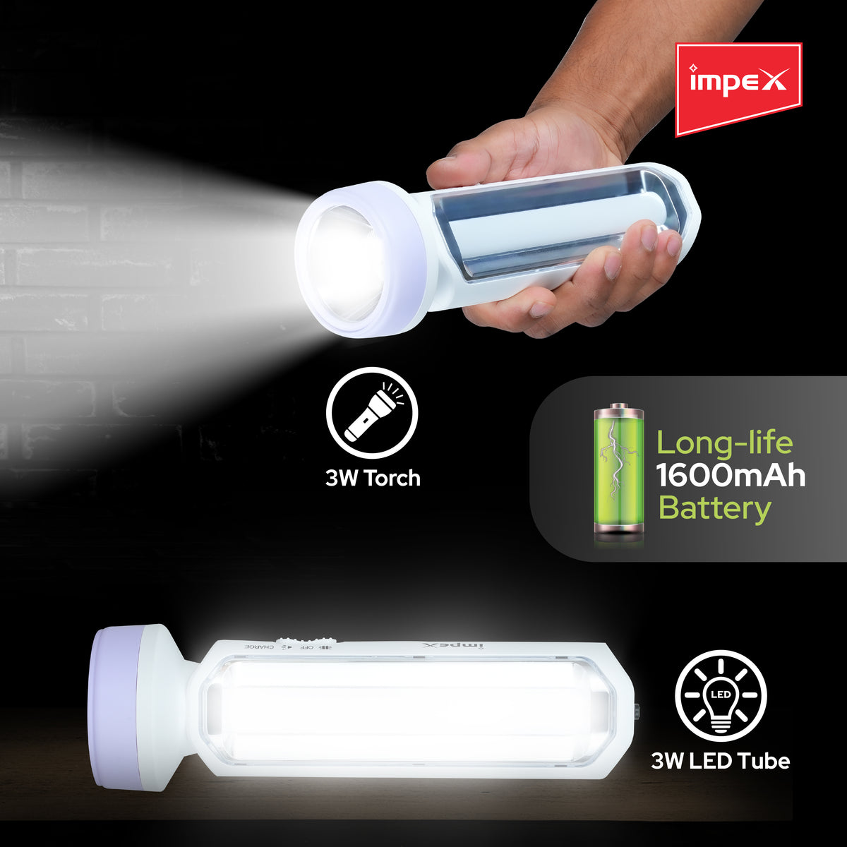 3w led rechargeable flashlight Impex LUMIN A3 Rechargeable LED Flashlight with Dual Torch & Lamp Mode – Impex Webstore