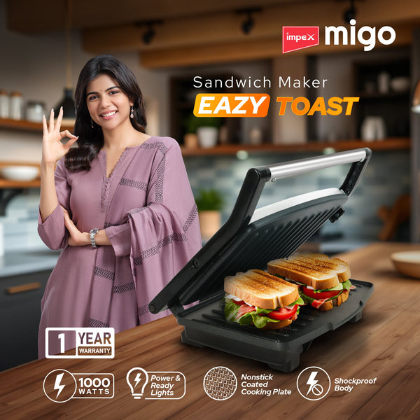 Eazytoast Sandwich Maker | 1000W Panini Grill | Floating Hinge | Stainless Steel Body | Non-Stick Plates