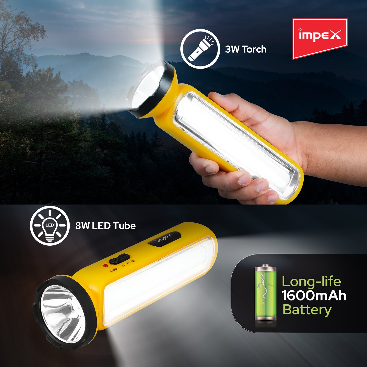 LUMIN A2 Rechargeable LED Flashlight | Dual Torch & LED Lamp | 328 Lumens | Rechargeable Emergency Light