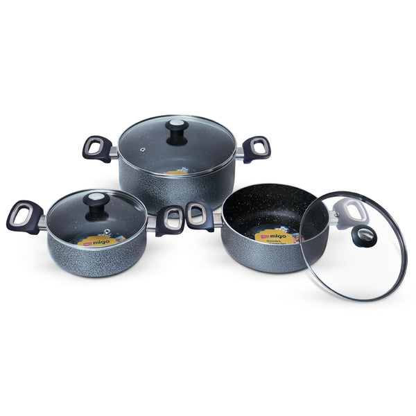 MIGO Cook & Serve Casserole Set 6 Pcs | 5-Layer Granite Non Stick | 4.6L, 2.7L & 1.9L | Glass Lids | Induction & Gas Compatible | PFOA-Free | 1 Year Warranty