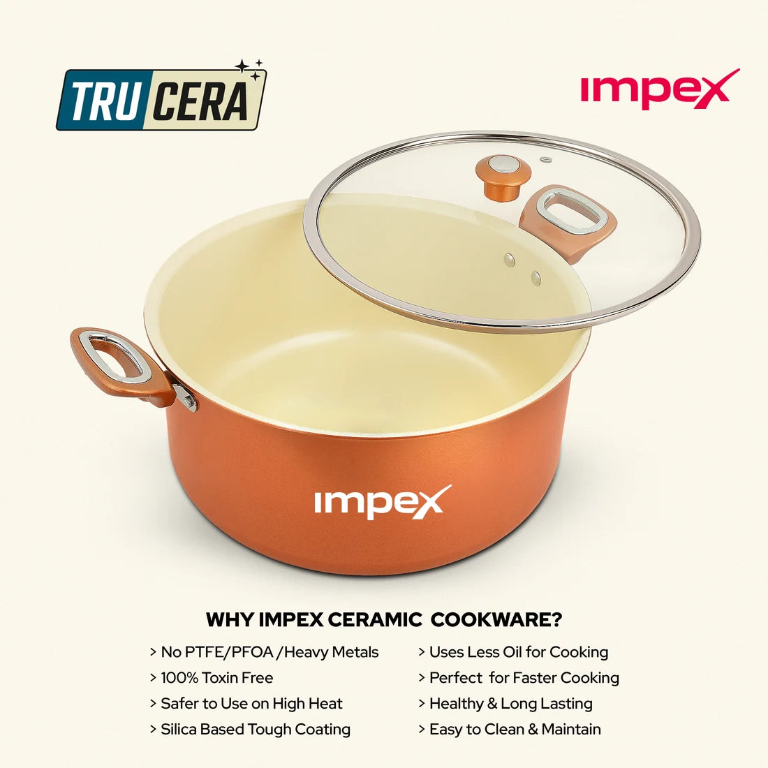 Trucera 8L Ceramic Biriyani Pot With Glass Lid (Beige) | Induction, Non-Stick | 2 Year Warranty