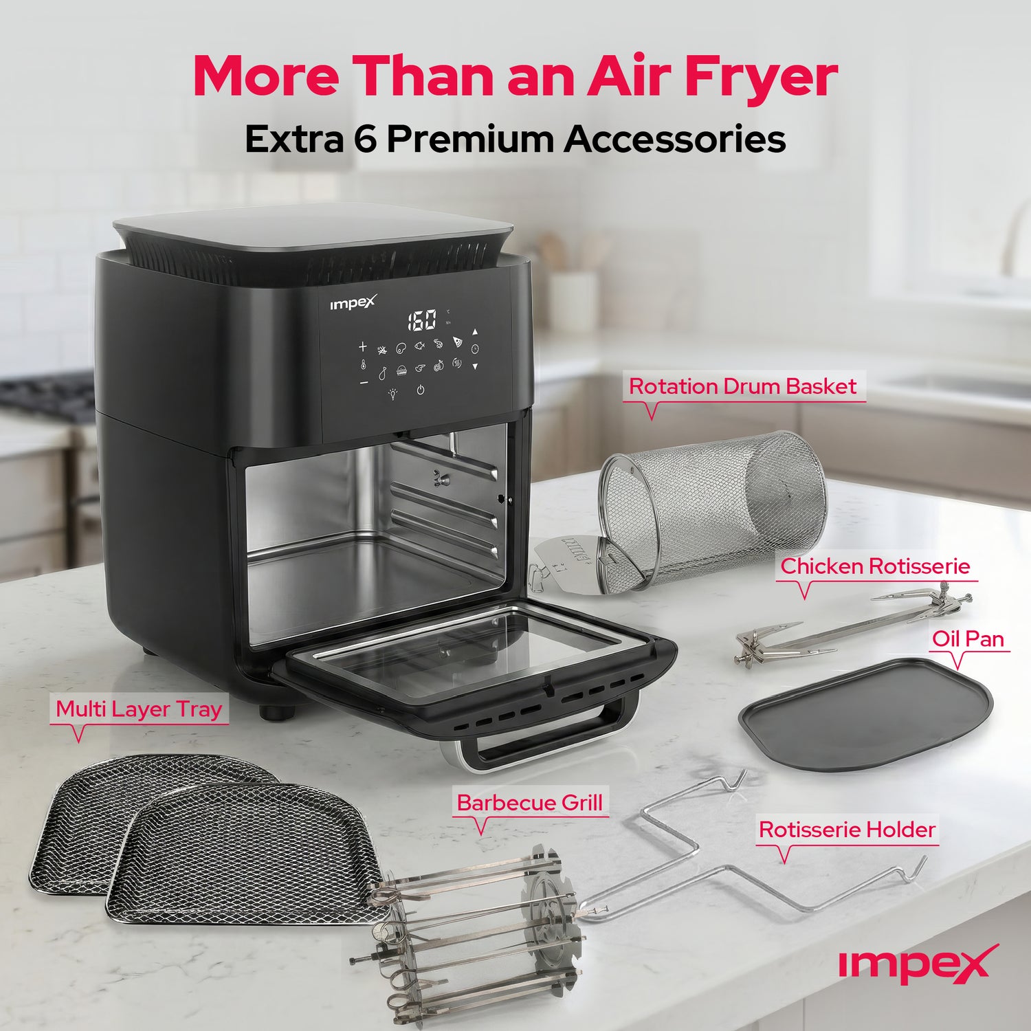 Impex AIRCHEF XL 12L Air Fryer Oven with Rotisserie | Oil-Free Cooking | Digital Touch | 360° Grill, Bake & Roast | Large Capacity Air Fryer