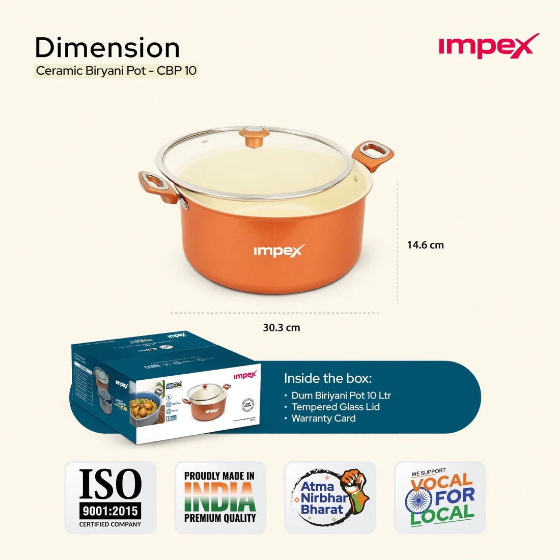 Trucera 10L Ceramic Biriyani Pot With Glass Lid (Beige) | Induction and Non-Stick | 2 Year Warranty