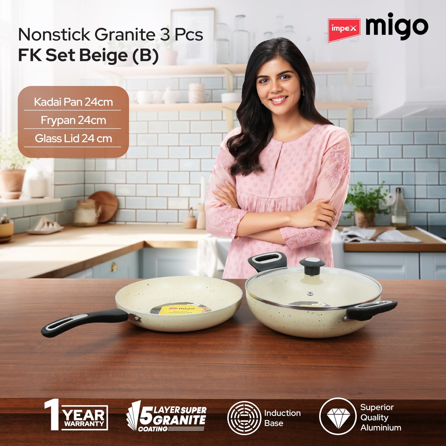 MIGO FG2518 3-Piece Non-Stick Cookware Set | 5-Layer Granite Coating | Induction & Gas Compatible | 1 - Year Warranty