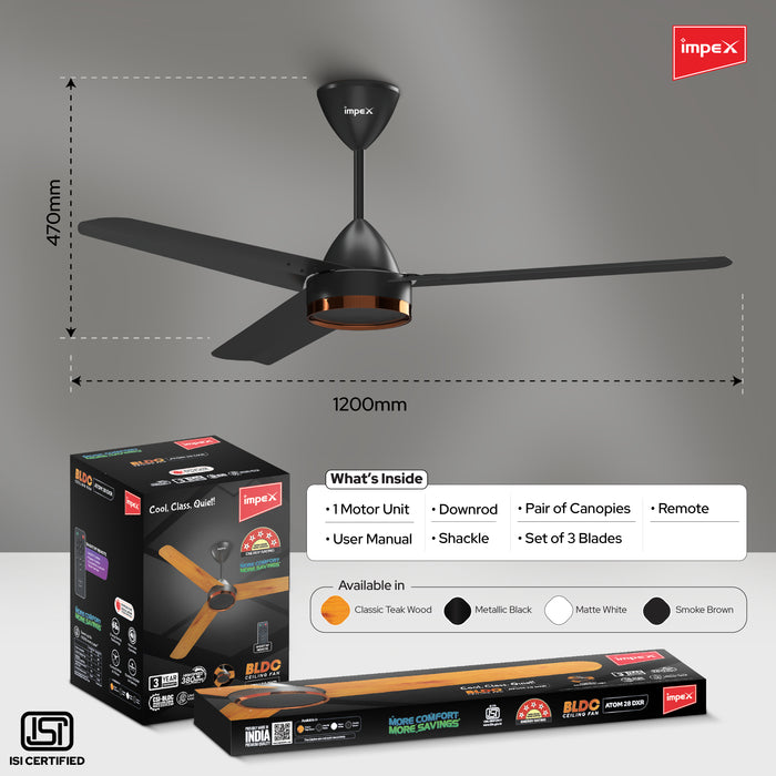 Impex 1200mm Ceiling Fan BLDC ATOM 28 Dx R with Remote - 5 Star | 3 Year Warranty