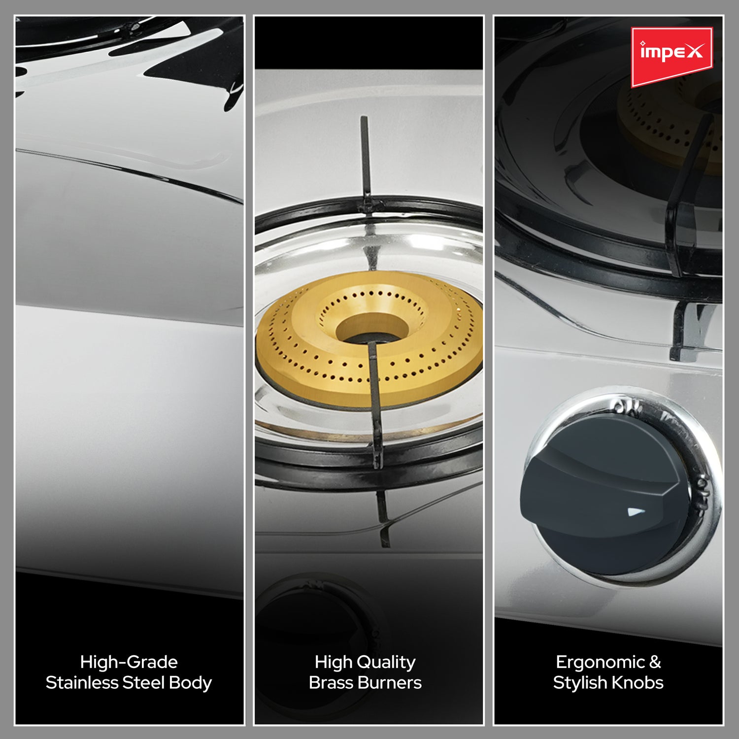 Impex Aura 3B Stainless Steel 3-Burner Gas Stove with 1 Jumbo, 2 Medium Burners, and 2-Year Warranty