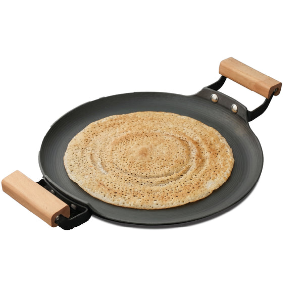 Cast Iron Dosa Tawa | Pre-Seasoned Natural Nonstick Surface | Nitride Protection | Wooden Handles | Less Oil Cooking | Gas & Induction Compatible | CIL DTP30 BW