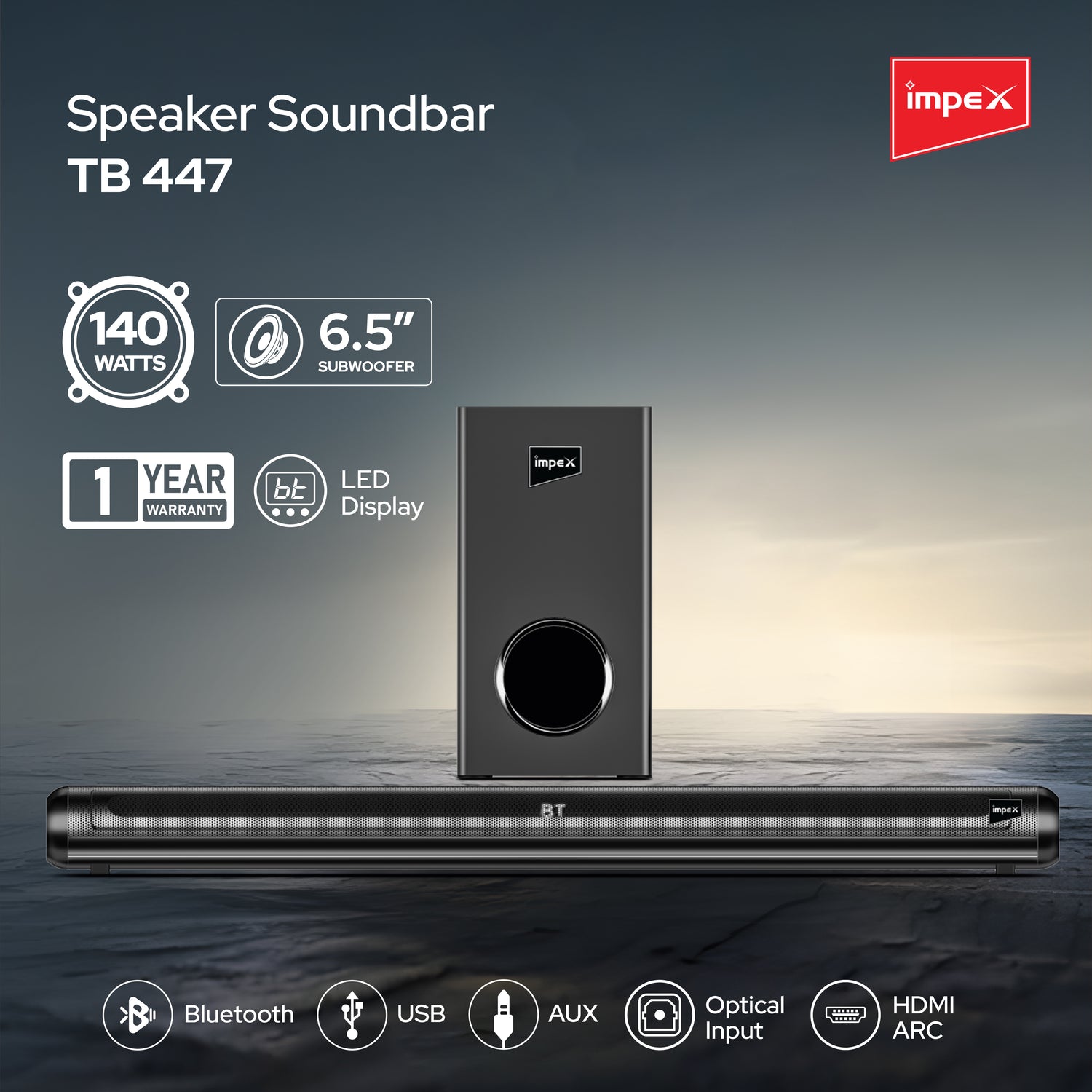 Impex TB 447 140W Soundbar with Subwoofer, Bluetooth 5.3, Multiple Inputs, Wall Mountable - Black | 1 Year Warranty