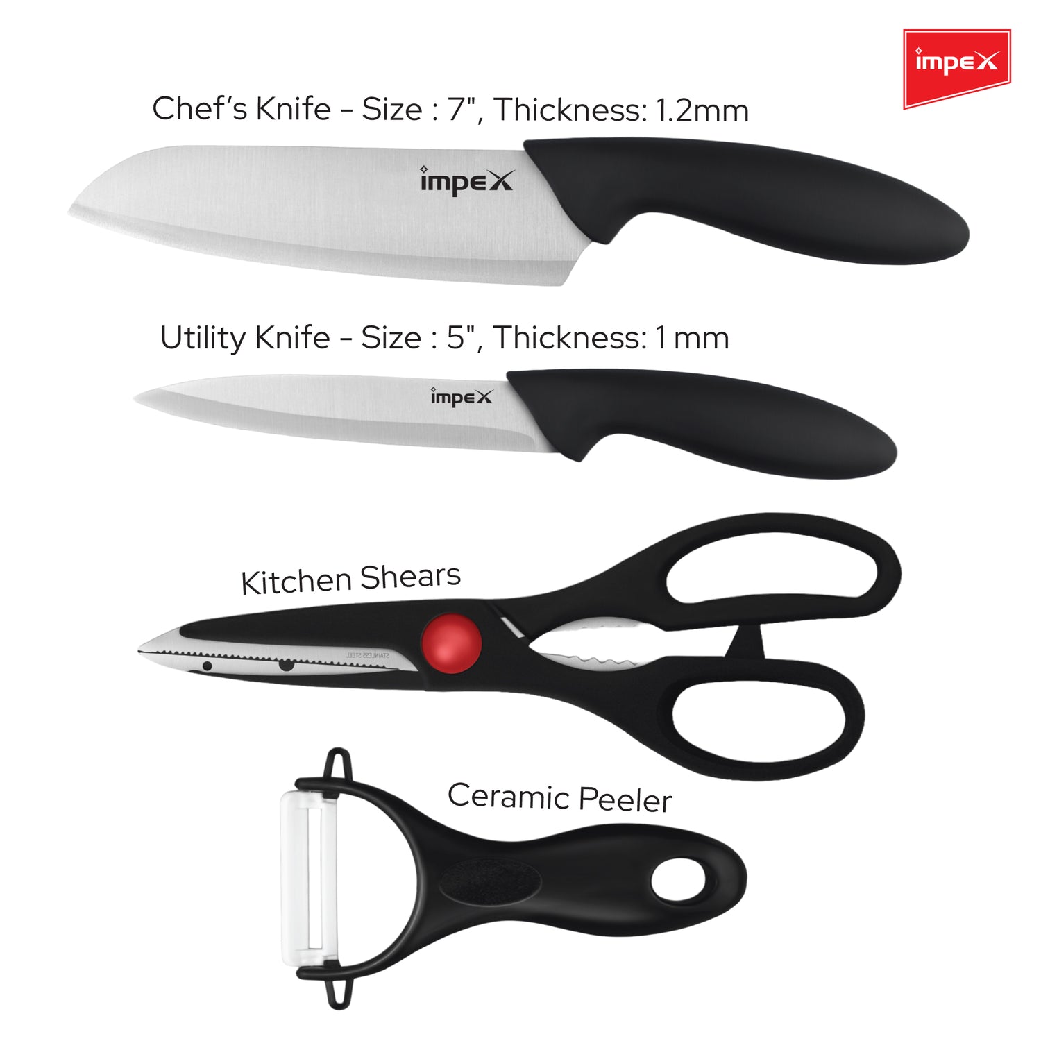 Impex KS 4 Stainless Steel 4-Piece Knife Set with Non-Toxic Handles and Ceramic Peeler