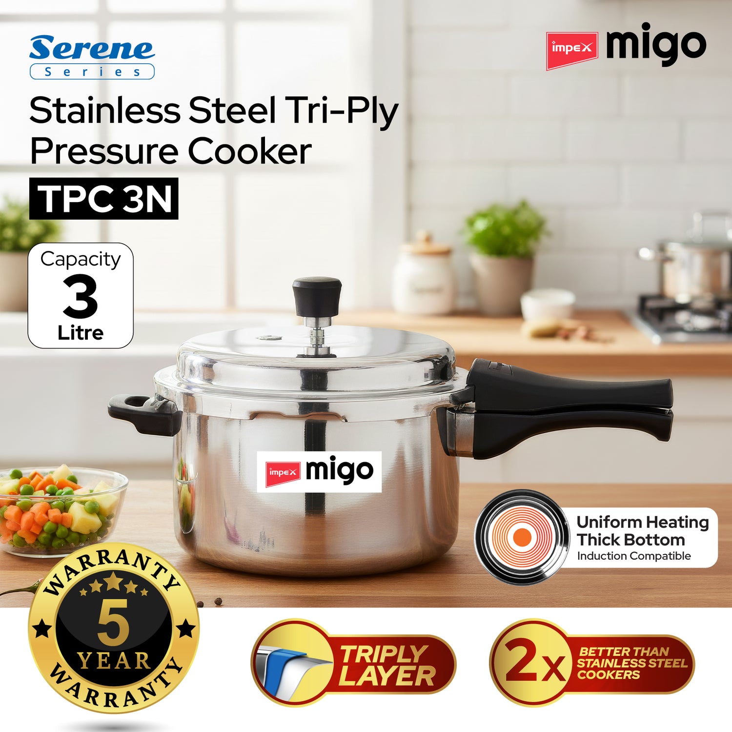 Migo TPC 3 N Serene 3 Litre SS Triply Pressure Cooker with Induction Bottom and Durable Stainless Steel Body