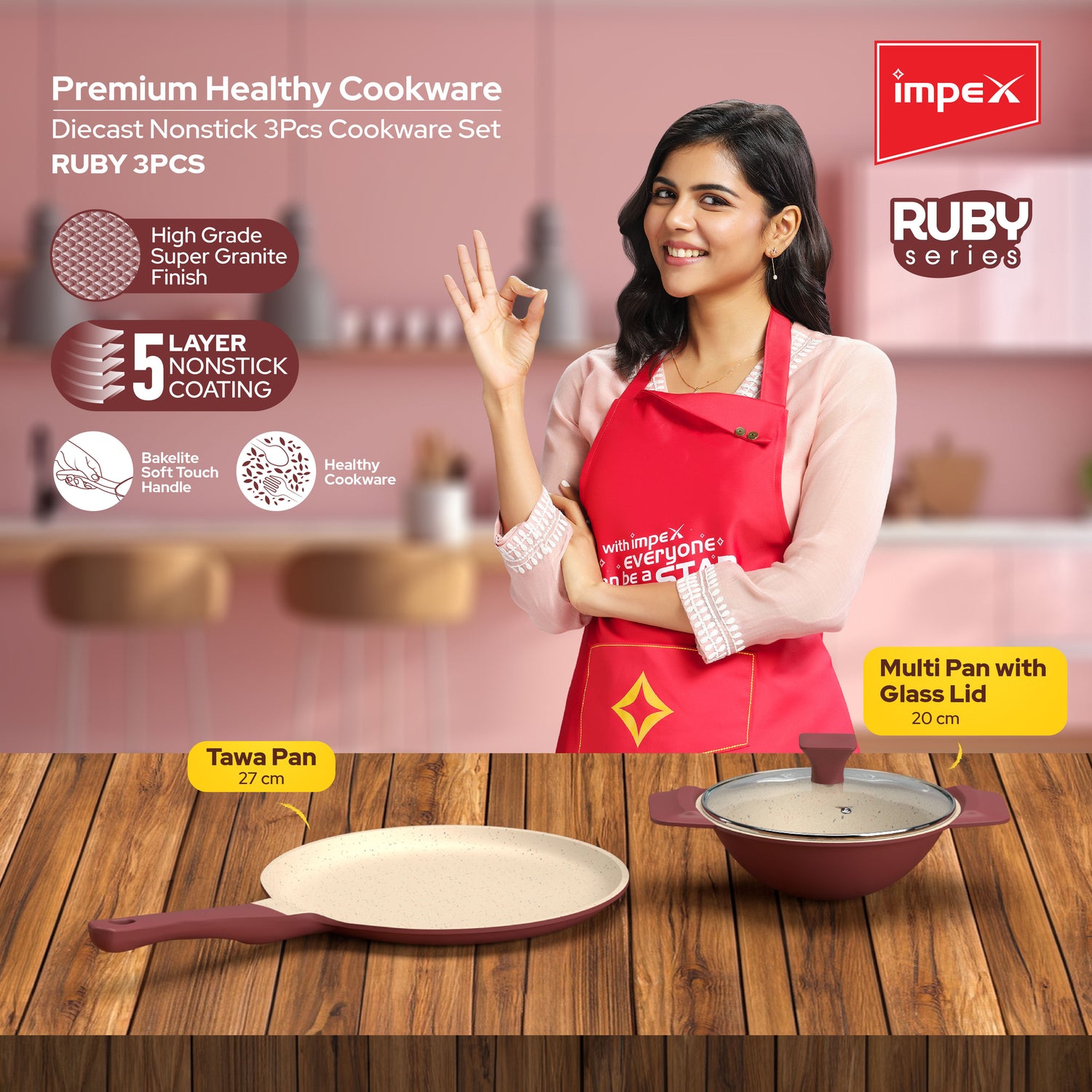 Impex RUBY 3Pcs Diecast Non-Stick Cookware Set with High-Grade Granite Coating and 1-Year Warranty