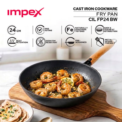 Cast Iron Fry Pan | Pre-Seasoned Natural Nonstick Surface | Nitride Protection | Wooden Handles | Less Oil Cooking | Gas & Induction Compatible | CIL FP24 BW