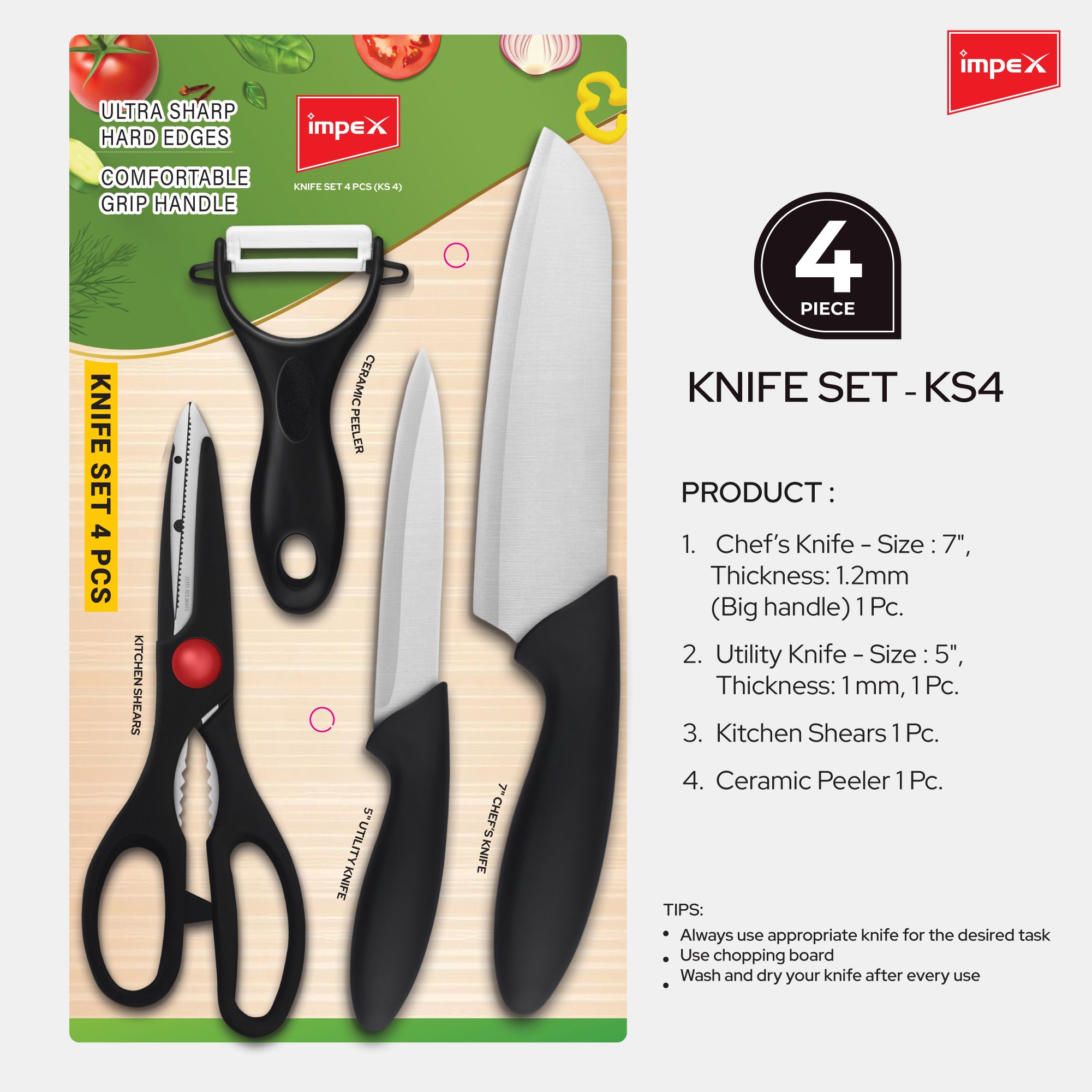 Impex KS 4 Stainless Steel 4-Piece Knife Set with Non-Toxic