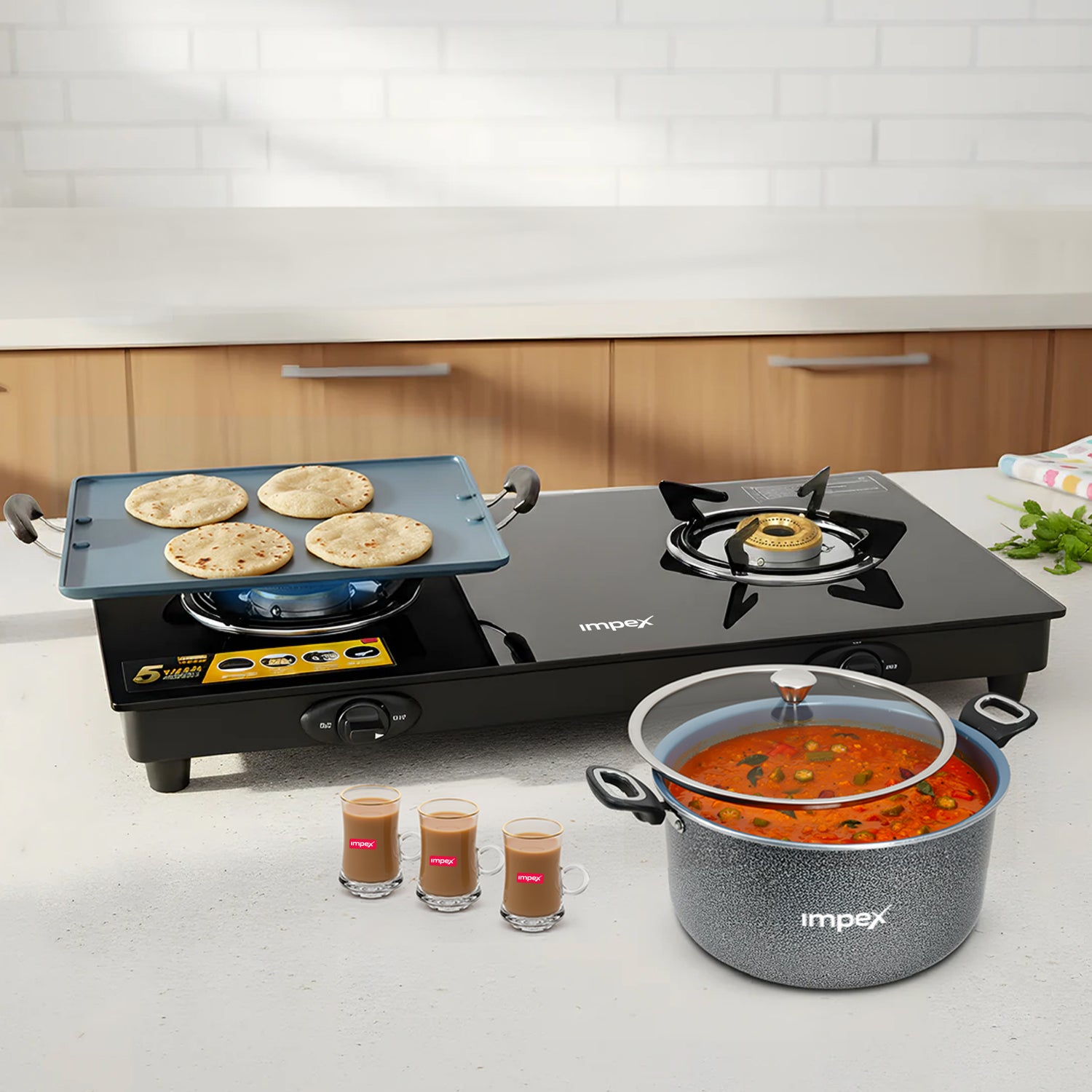 2 Burner Gas Stove+ 34cm Square Pathiri Tawa+ 8L Biriyani Pot+ 6pcs Glassware Set