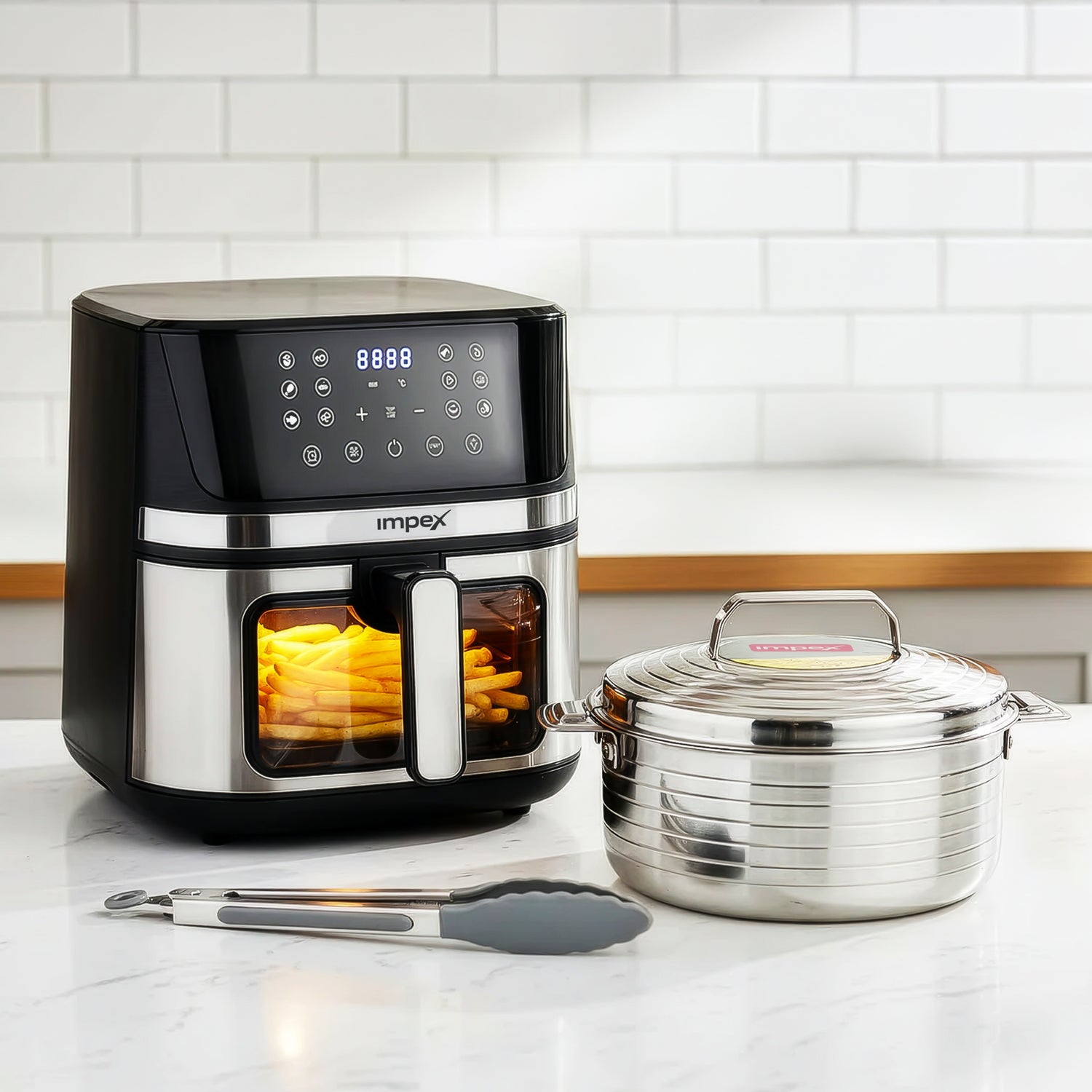 Impex Healthy Lifestyle & Serving Combo – Smart Fry 6.5L Digital Air Fryer & Cassy Stainless Steel Hot Pot