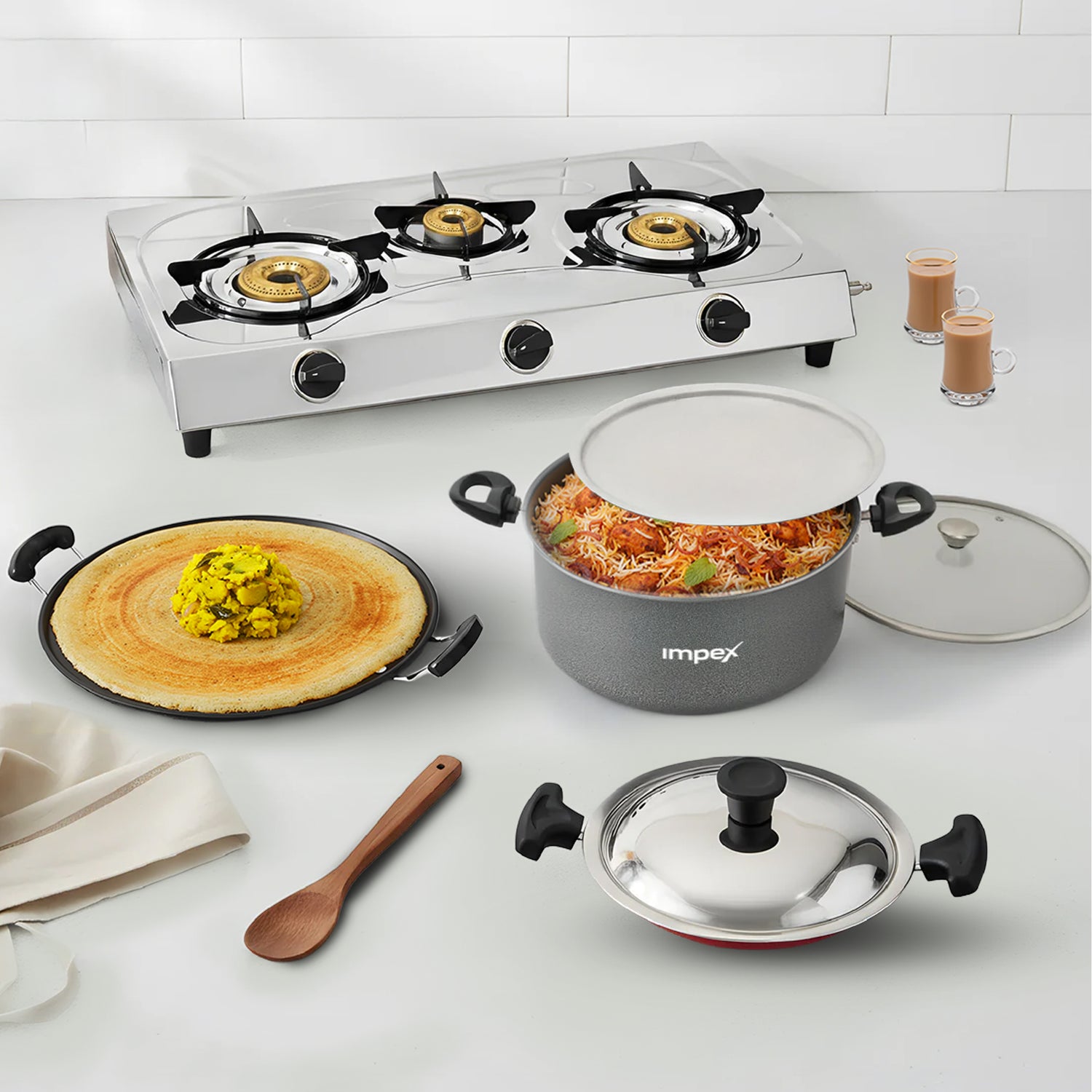 Impex Royal Family Feast Combo – 3-Burner Stainless Steel Stove, 12L Royal Dum Biryani Pot & Premium Cookware Suite
