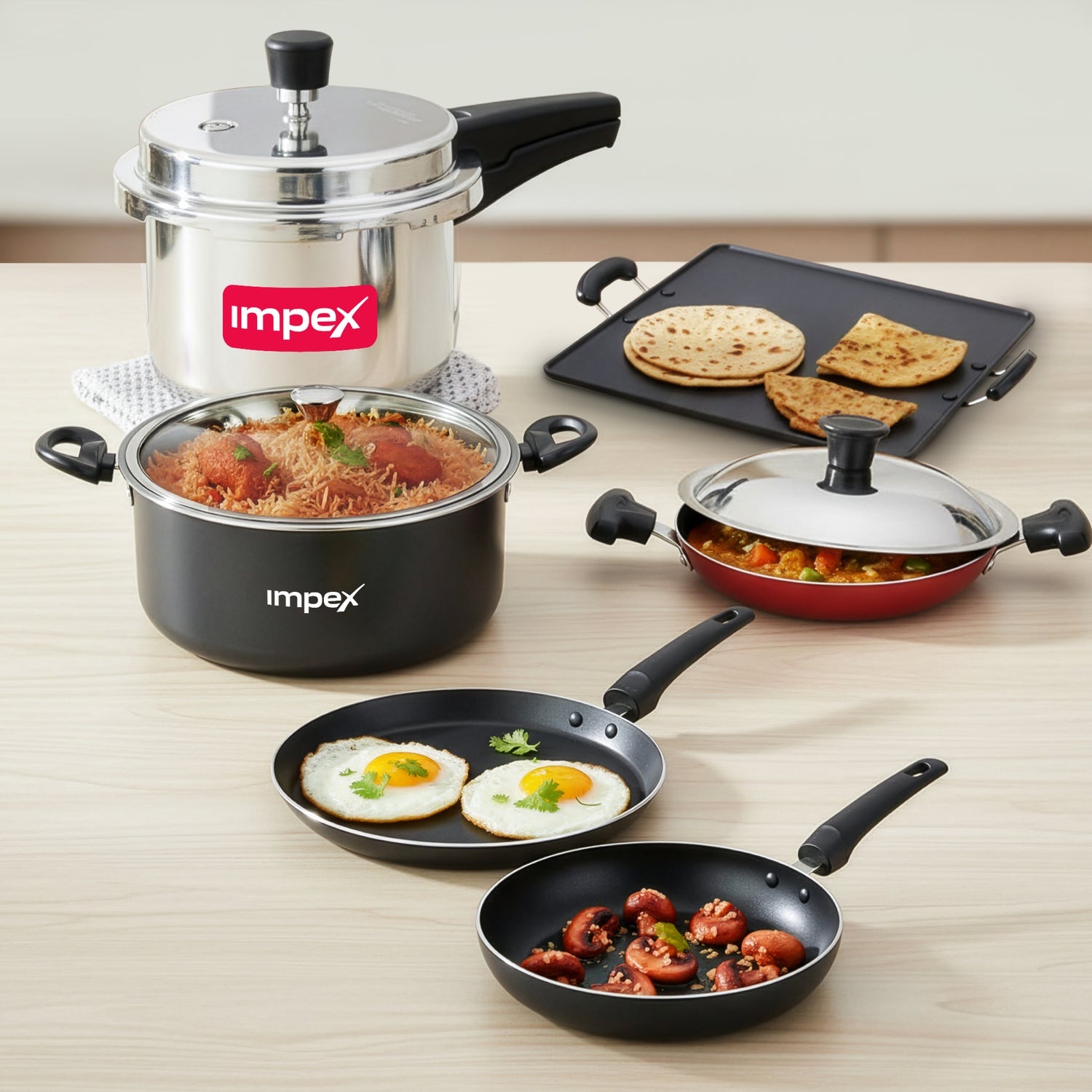 3L Pressure Cooker+ 8L Biriyani Pot+ 34cm Square Tawa+ 20cm Appachatty + 26cm Tawa and 24cm Fry Pan