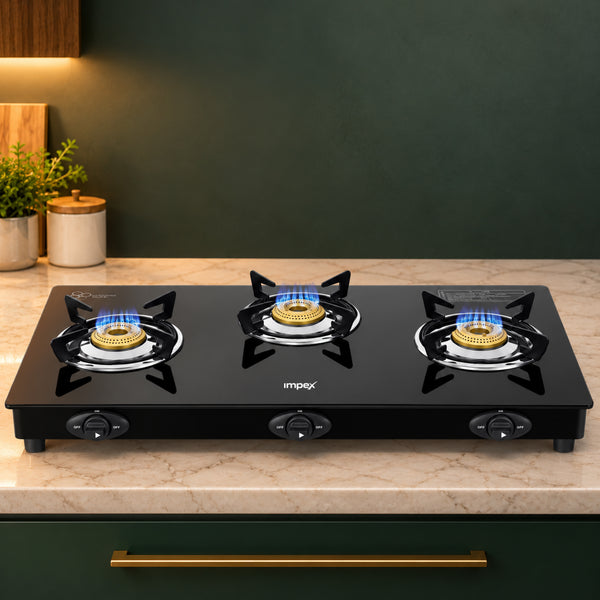 Aspira Ador 3B Glasstop Gas Stove | 3 Brass Burners | Toughened Black Glass | ISI Certified | 2+5 Year Warranty