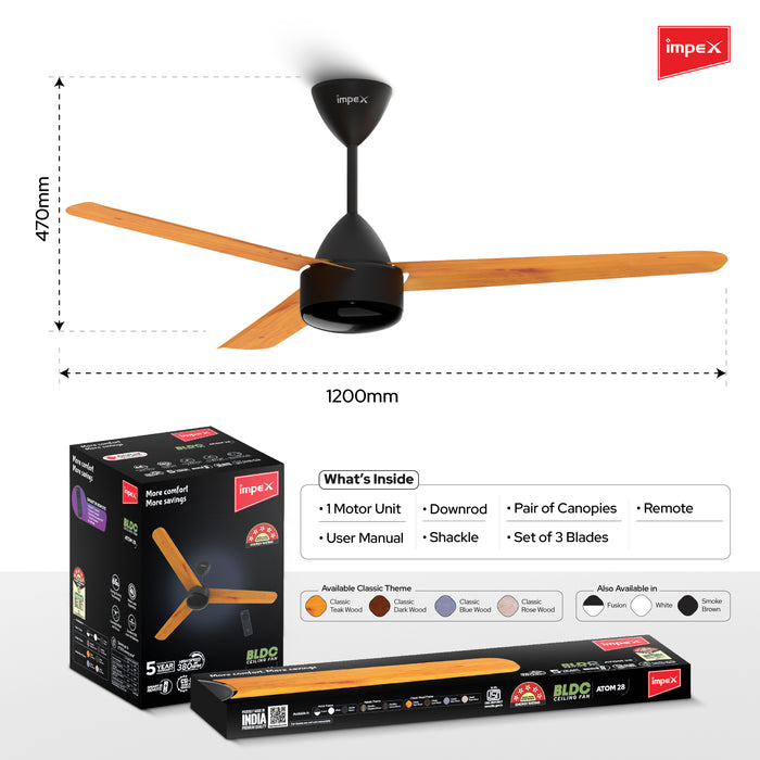 IMPEX Atom 28 Classic TW, 5 Star 1200 mm BLDC Motor with Remote 3 Blade Ceiling Fan