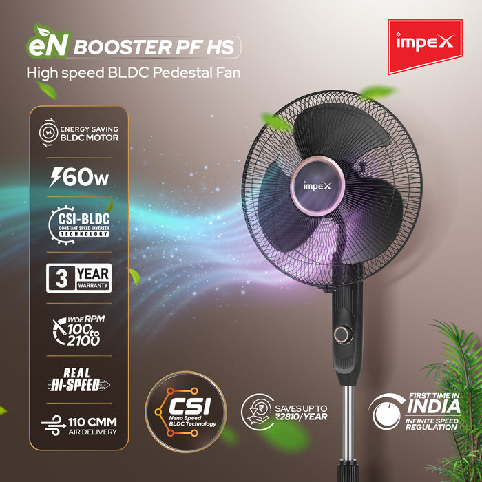 Impex BLDC Pedestal Fan eN Booster PF HS Black, 3-Leaf Balanced Blades, Adjustable Height, 100-2100 RPM with 3 year warranty