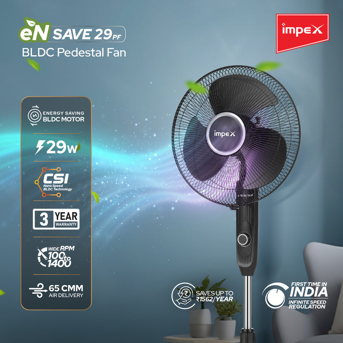 Impex BLDC Pedestal Fan (eN Save 29 PF Black) – 400mm, Powerful Motor, 3-Leaf Balanced Blades, 100-1400 RPM with 3 year warranty