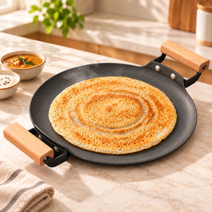 Cast Iron Dosa Tawa | Pre-Seasoned Natural Nonstick Surface | Nitride Protection | Wooden Handles | Less Oil Cooking | Gas & Induction Compatible | CIL DTP30 BW
