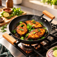 Cast Iron Grill Pan | Pre-Seasoned Natural Nonstick Surface | Nitride Protection | Wooden Handles | Less Oil Cooking | Gas & Induction Compatible | CIL GP28 BW