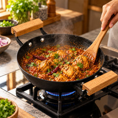 Cast Iron Kadai Pan | Pre-Seasoned Natural Nonstick Surface | Nitride Protection | Wooden Handles | Less Oil Cooking | Gas & Induction Compatible | CIL KP20 BW