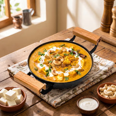 Cast Iron Kadai Pan | Pre-Seasoned Natural Nonstick Surface | Nitride Protection | Wooden Handles | Less Oil Cooking | Gas & Induction Compatible | CIL KP24 BW