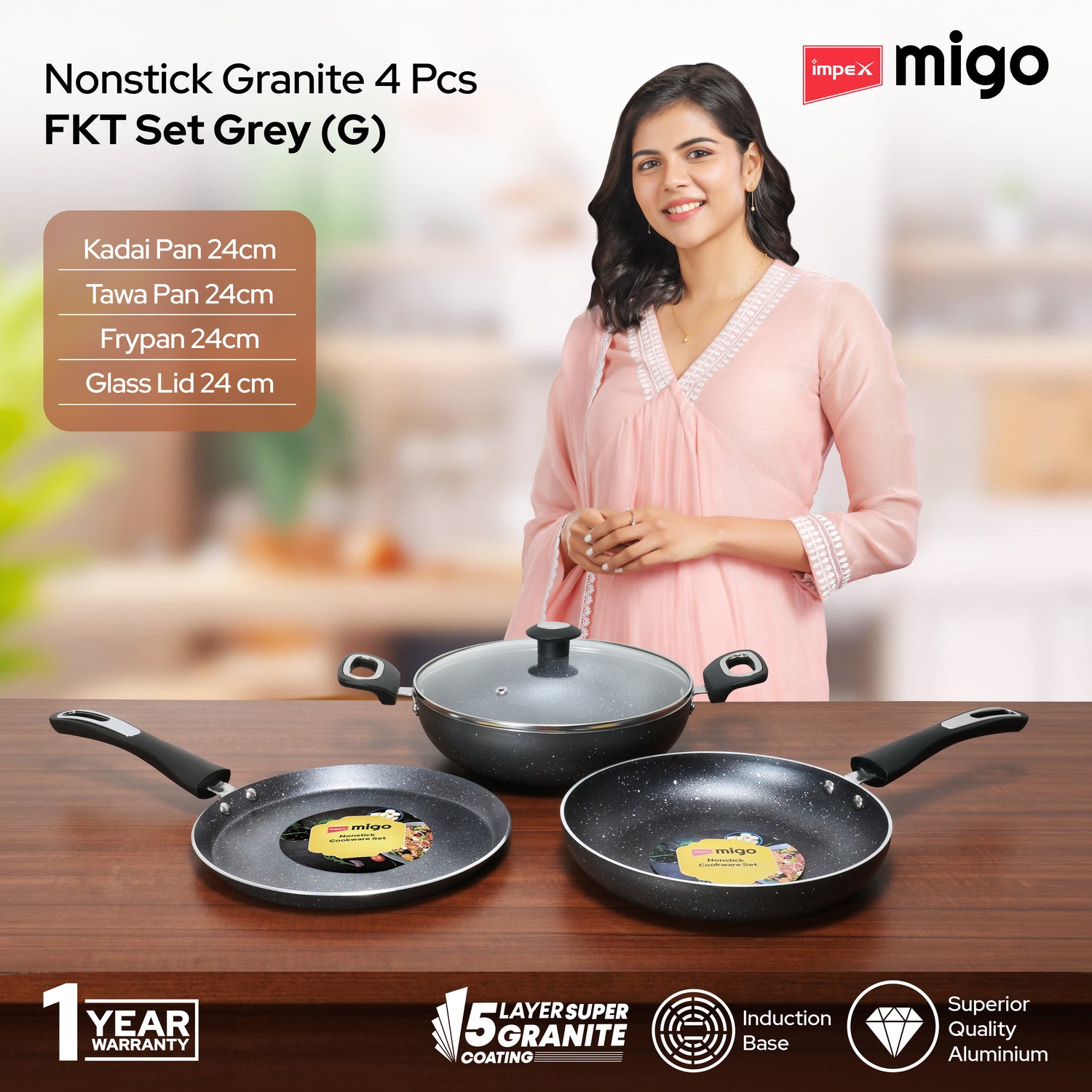 IMPEX Migo Nonstick Granite 4 Pcs Festival Gift Set FKT(G), 5-Layer Super Granite Induction Bottom