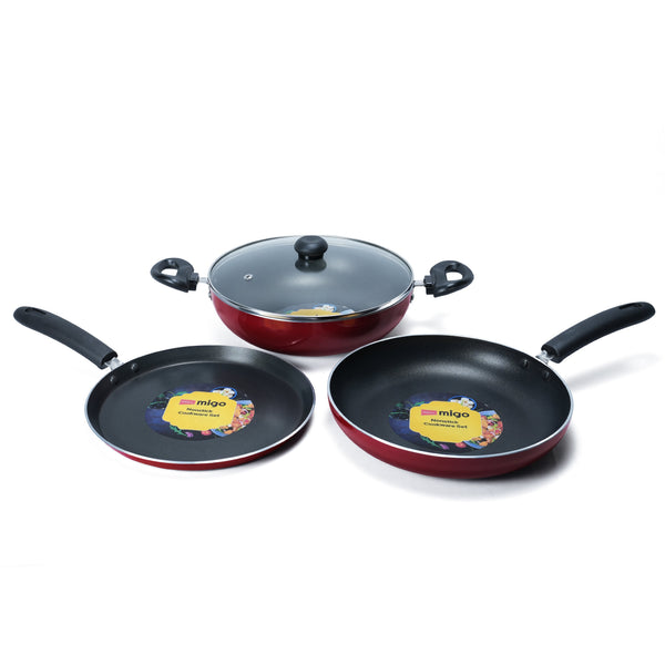 MIGO 4-Piece Nonstick Cookware Set | 3mm Aluminium | 3-Layer Coating | 24cm Tawa, Fry Pan & Kadai with Glass Lid