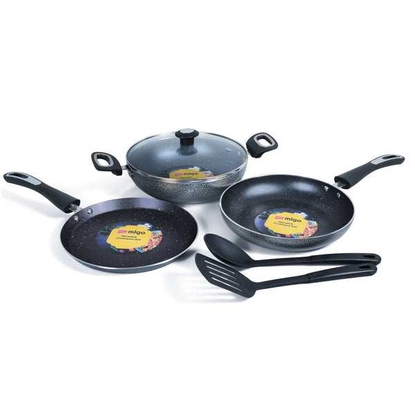 MIGO  6-Piece Granite Cookware Set (Grey) | 24cm Tawa, Fry Pan & Kadai | 5-Layer Super Granite Nonstick | Induction Compatible