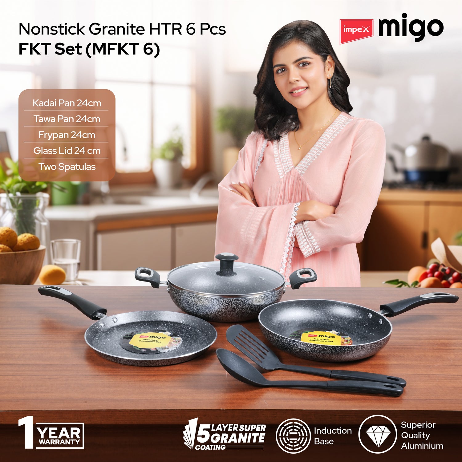 IMPEX Migo Nonstick Granite 6 Pcs Festival Gift Set MFKT(6), 5 Layer Super Granite Induction Bottom