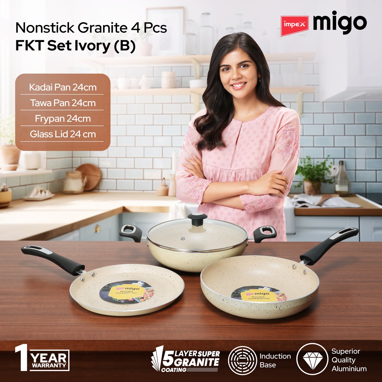 IMPEX Migo Nonstick Granite 4 Pcs Festival GIft Set FKT(B) 5 Layer Super Granite Induction Bottom
