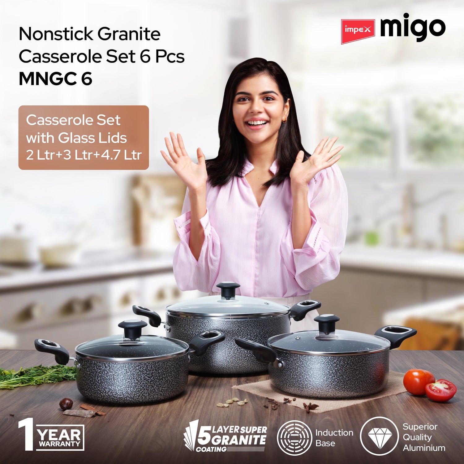 IMPEX Migo Nonstick Granite Casserole Set 6 Pcs MNGC, Festival Gift Set, 3mm Thickness, Induction Bottom